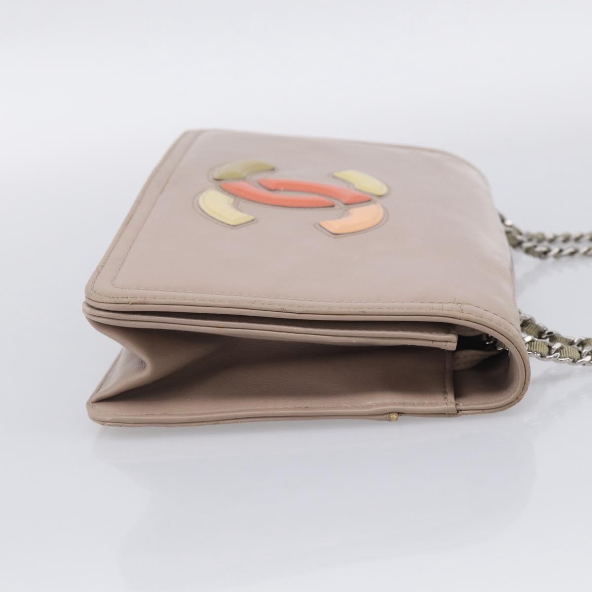 CHANEL Chain Shoulder Bag Patent Beige Silver CC