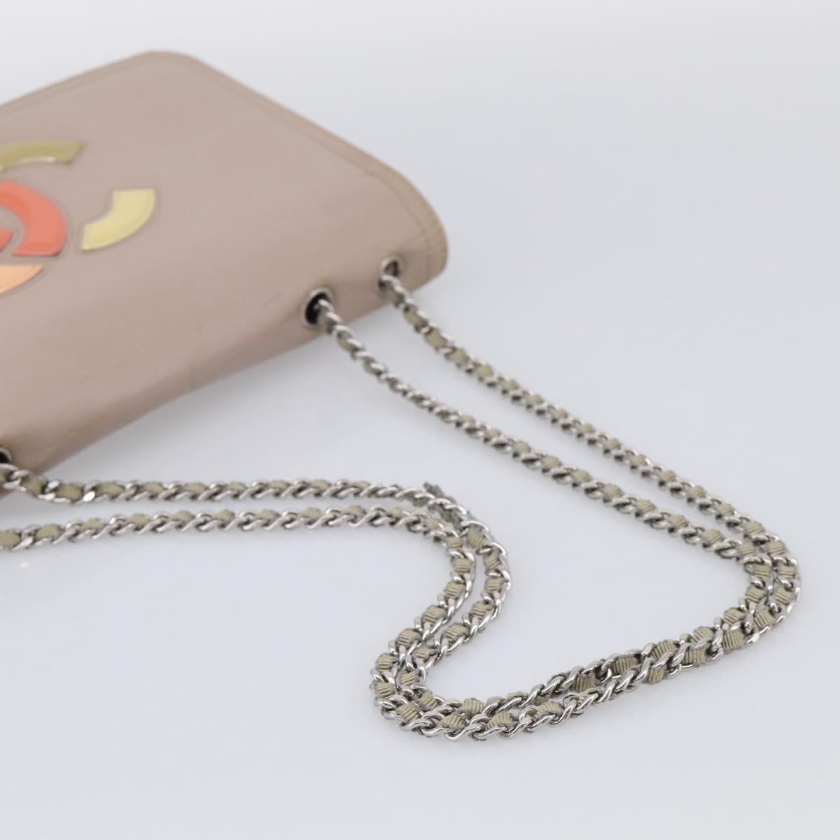 CHANEL Chain Shoulder Bag Patent Beige Silver CC