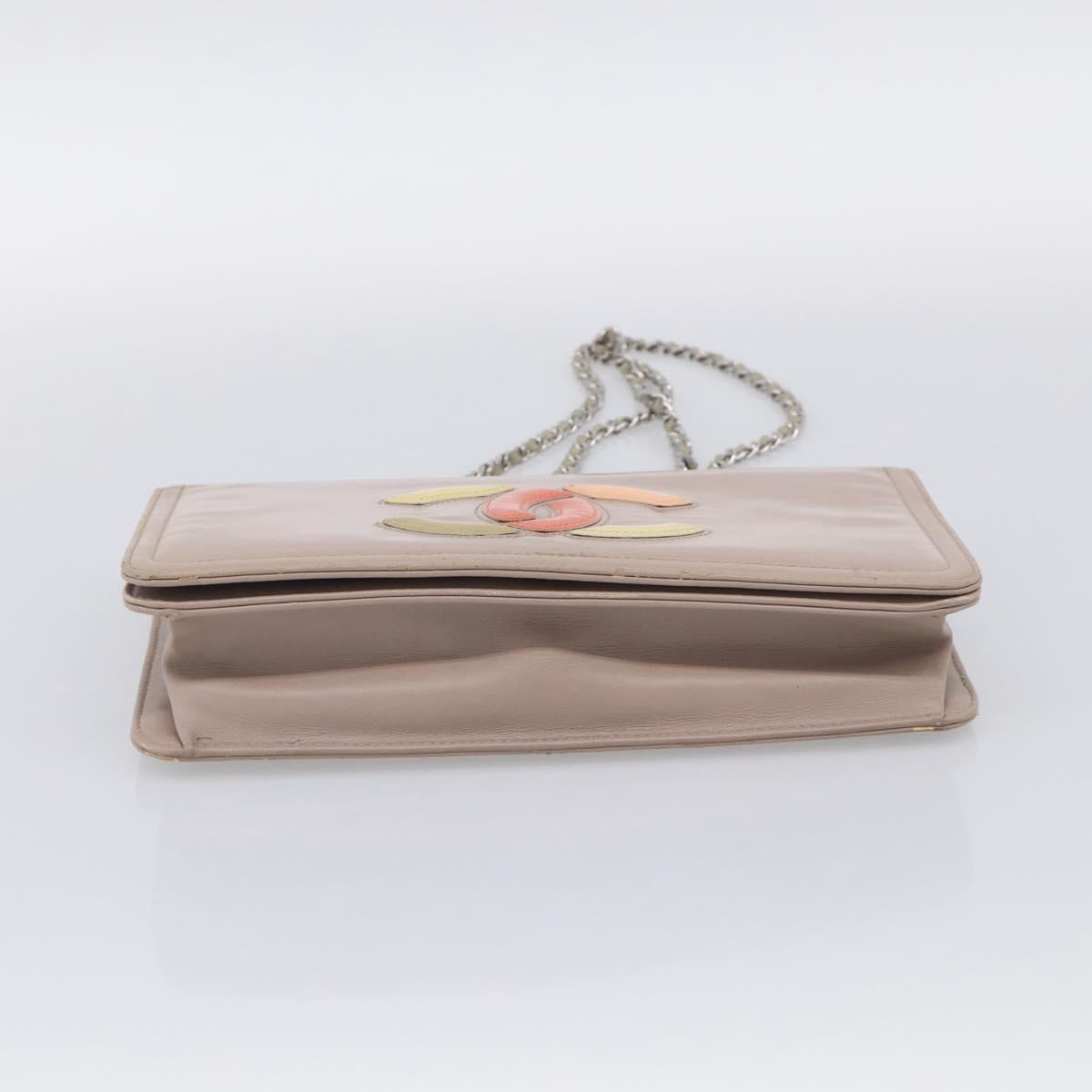 CHANEL Chain Shoulder Bag Patent Beige Silver CC