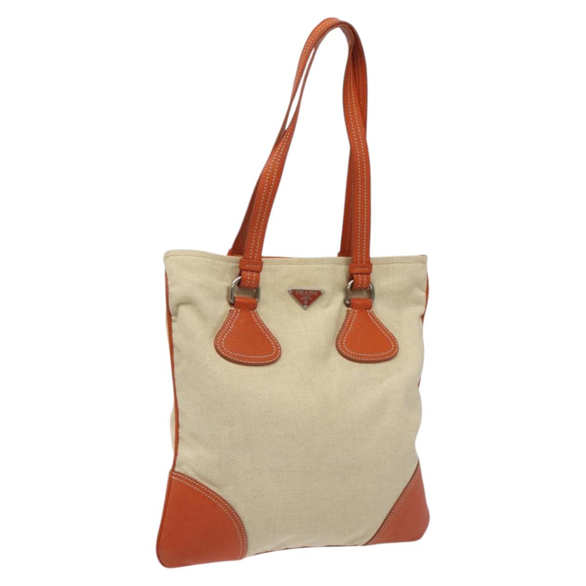 PRADA Hand Bag Canvas Beige Silver