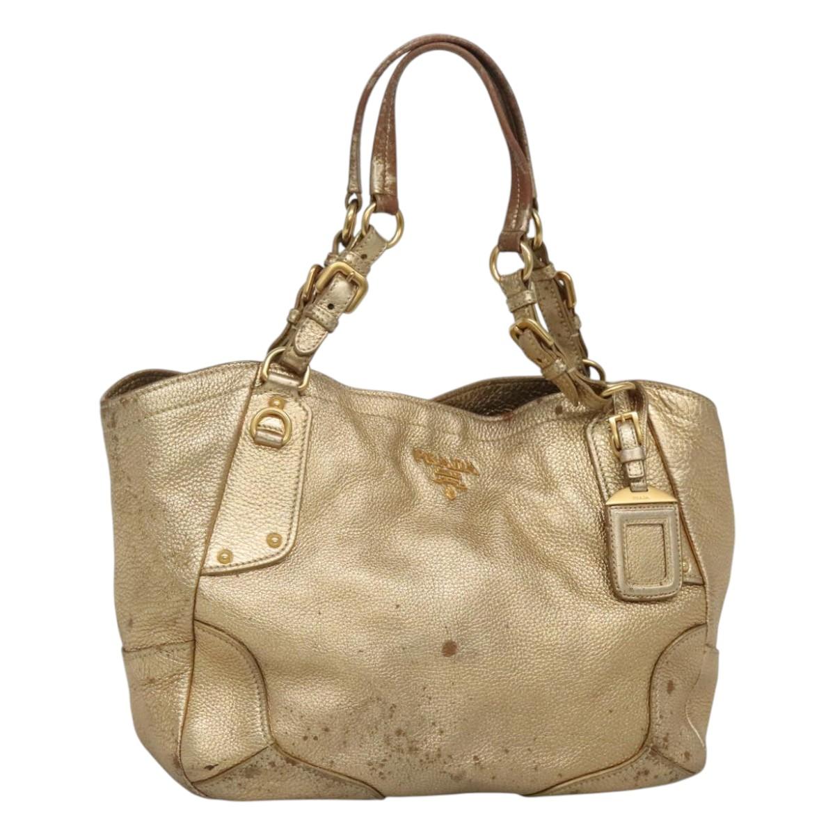 PRADA Tote Bag Leather Gold Tone