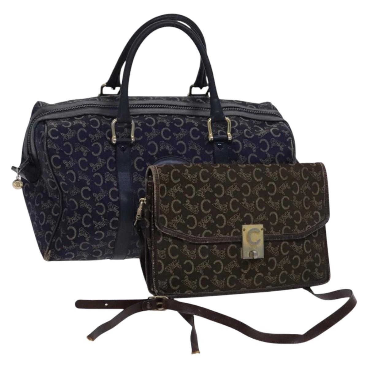 CELINE C Sulky Boston Shoulder Bag Canvas 2Set Brown Navy