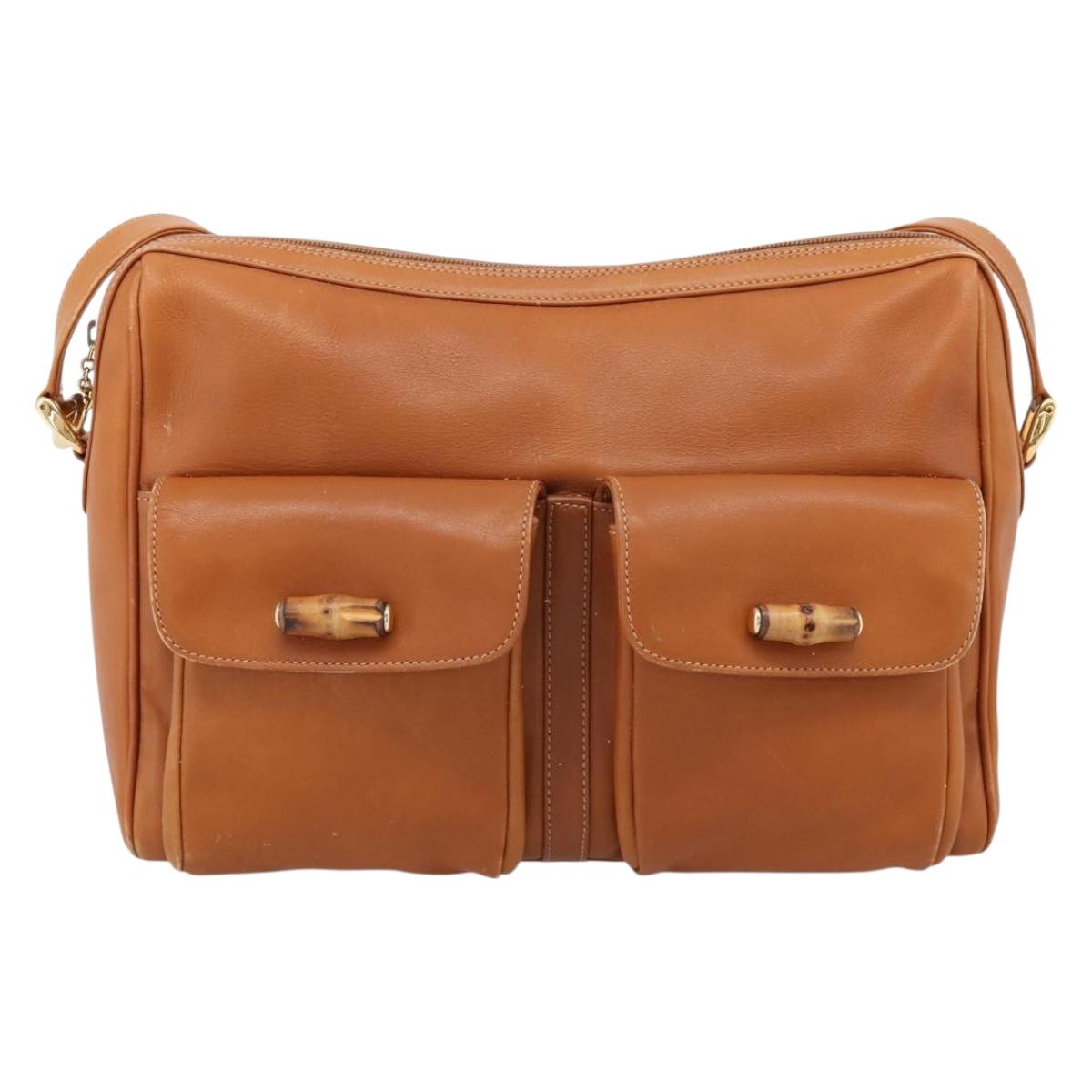 GUCCI Bamboo Shoulder Bag Leather Brown Gold