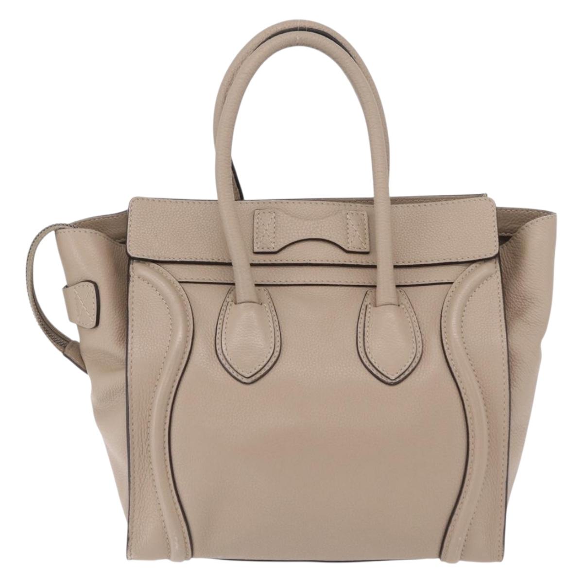 CELINE Luggage Micro Shopper Hand Bag Leather Beige Silver