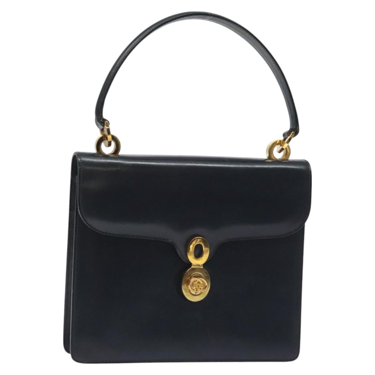 GUCCI Hand Bag Leather Navy Gold