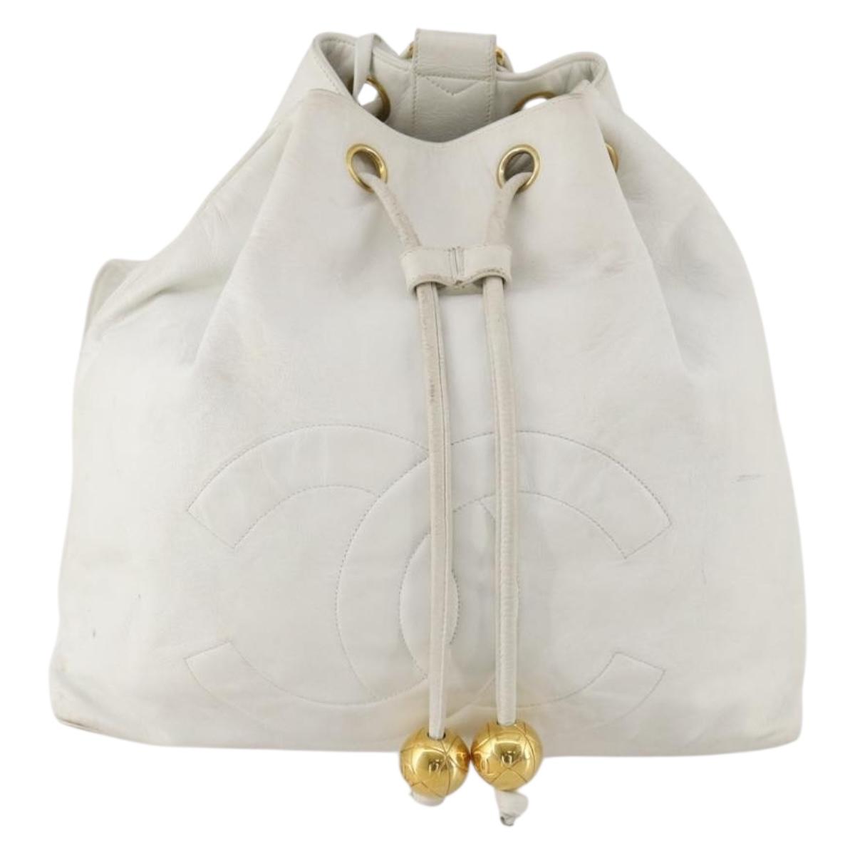 CHANEL Backpack Leather White Gold CC