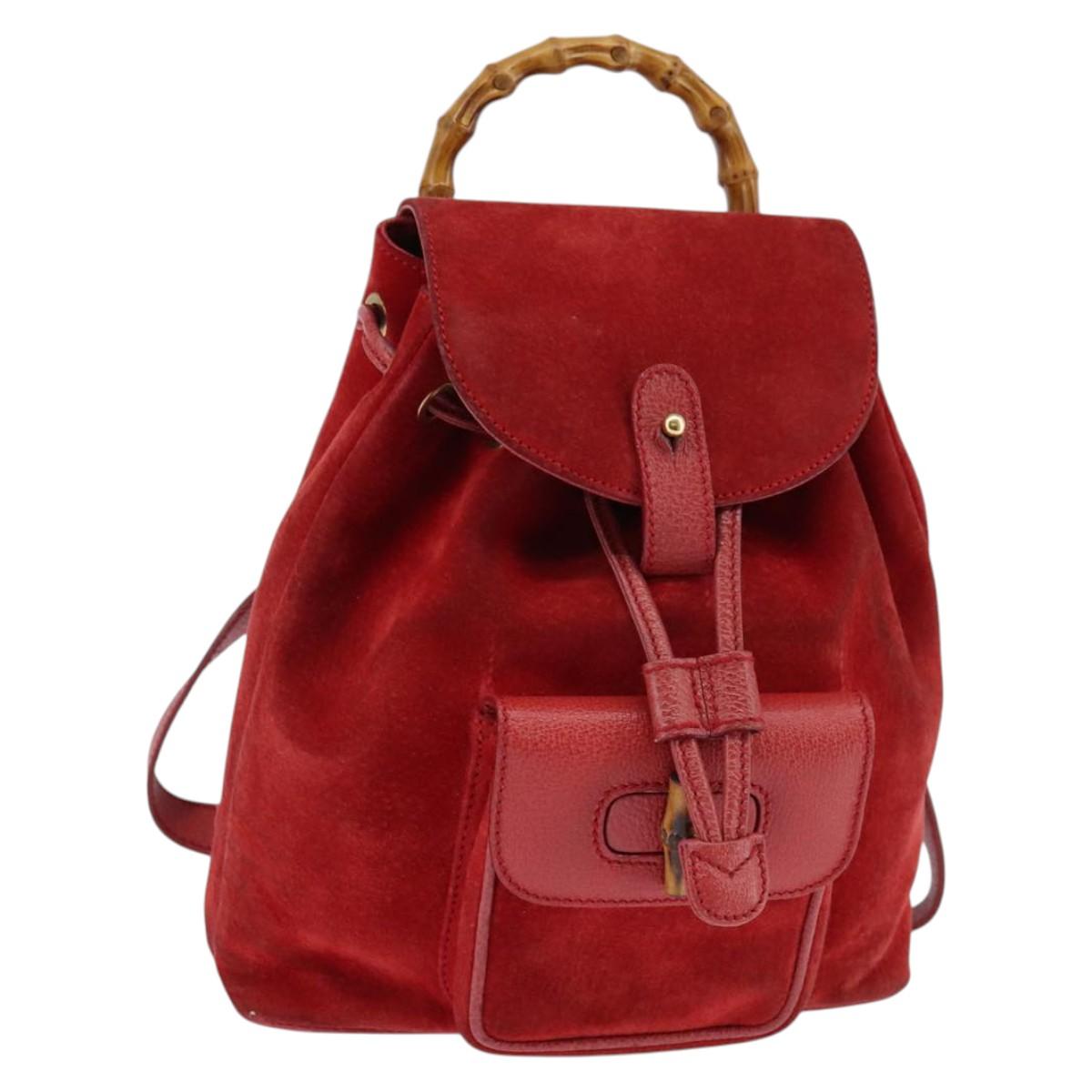 GUCCI Bamboo Backpack Suede Leather Red Gold 003 8030