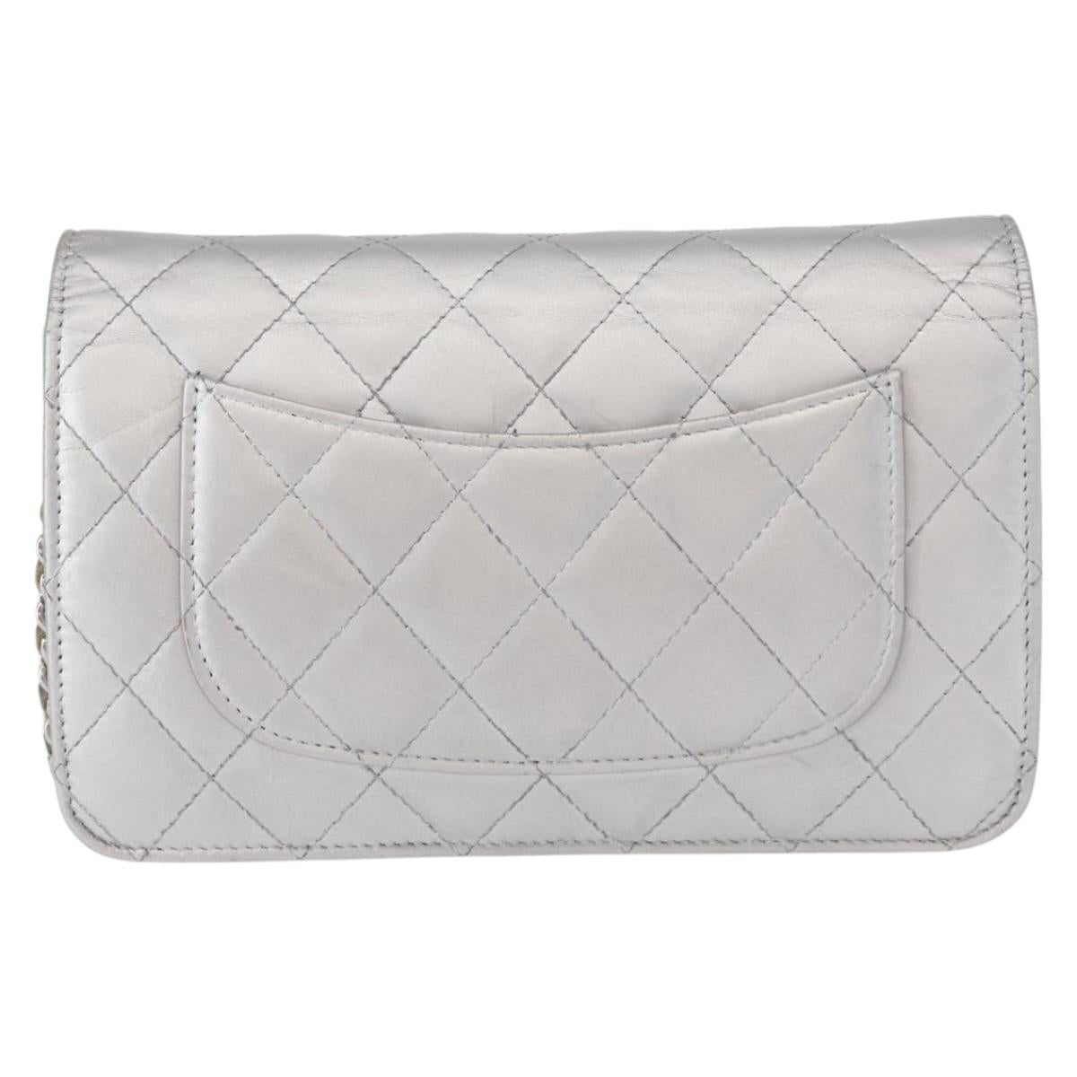CHANEL Matelasse Chain Wallet Leather Silver CC