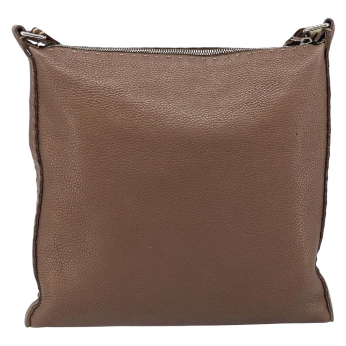 FENDI Celeria Shoulder Bag Leather Brown Silver