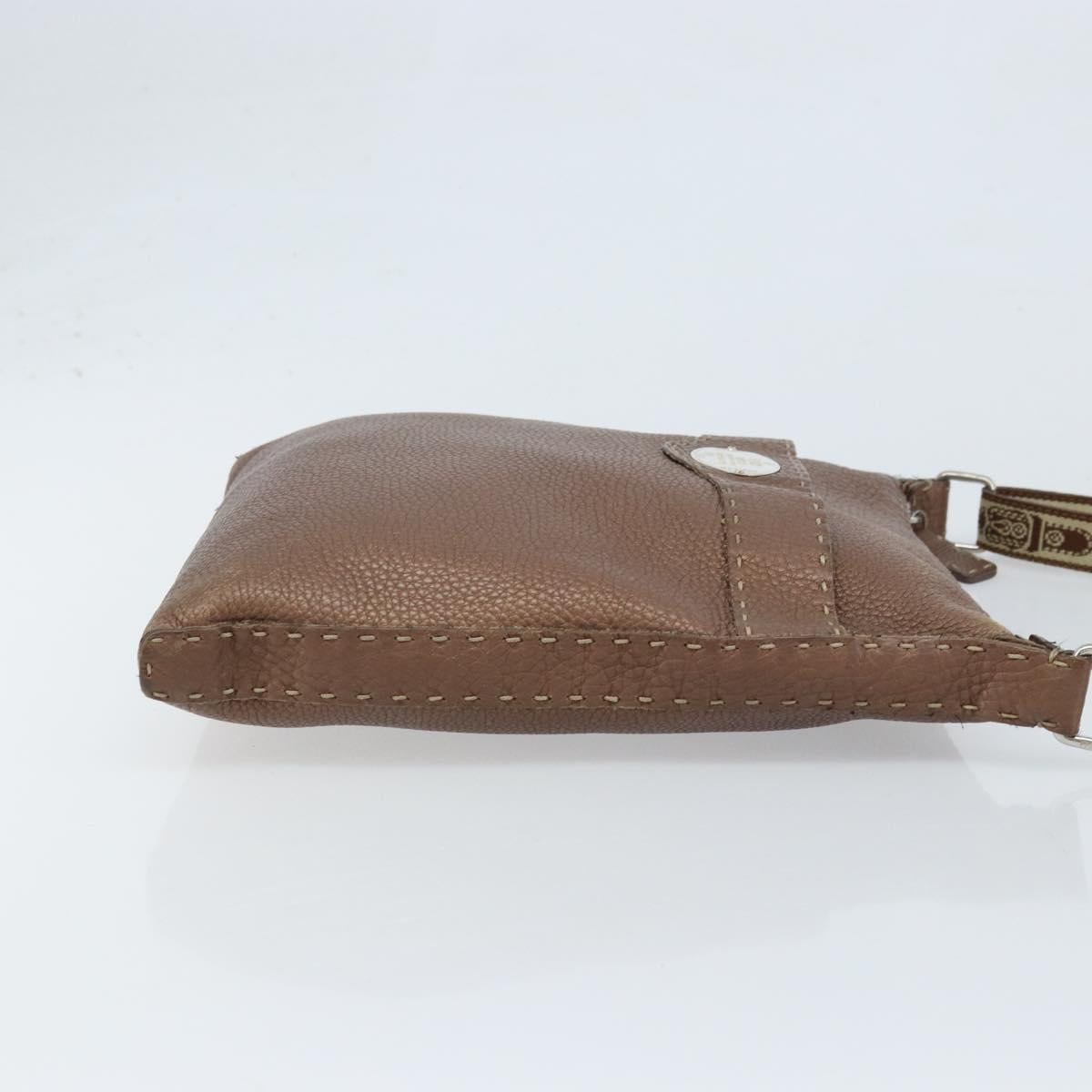 FENDI Celeria Shoulder Bag Leather Brown Silver