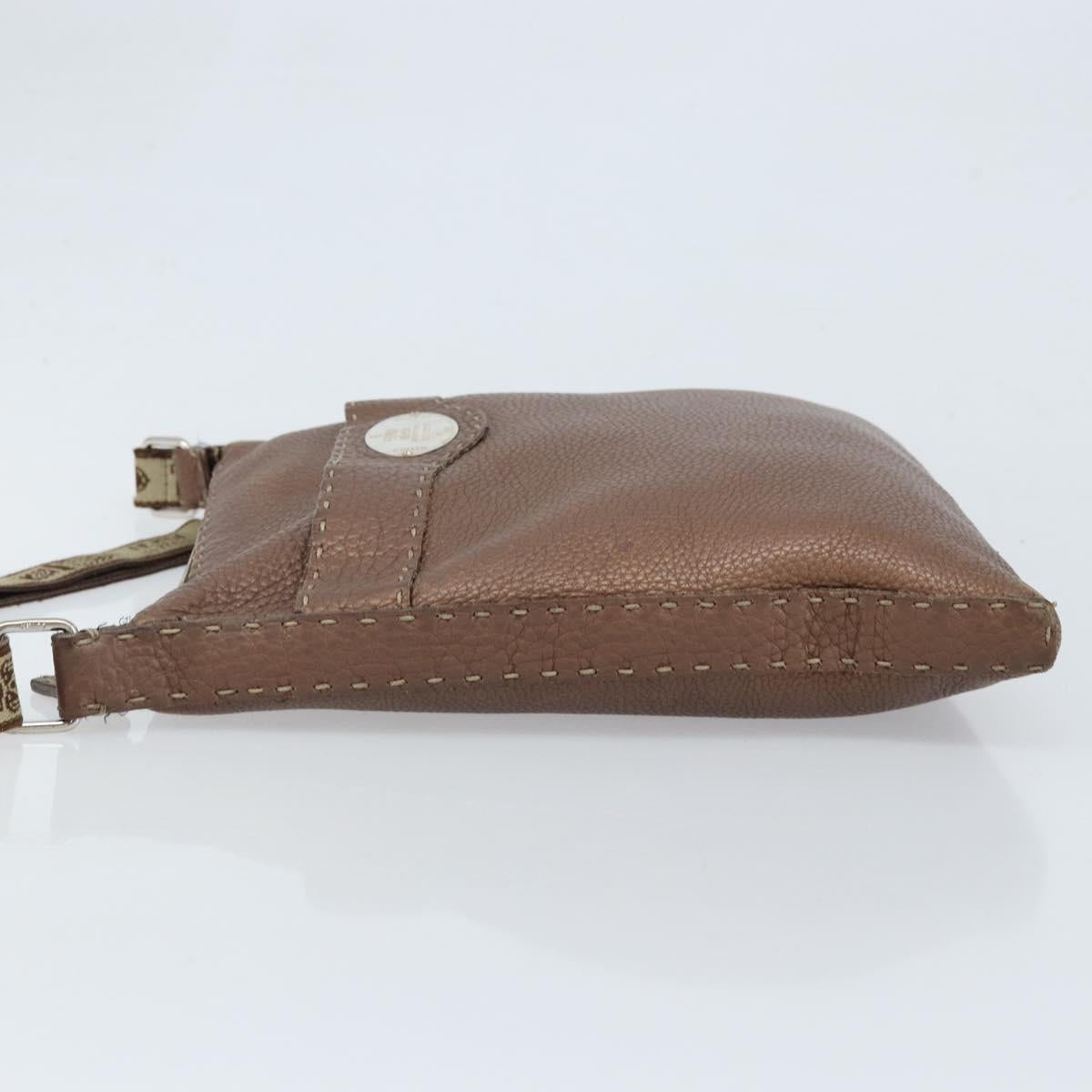 FENDI Celeria Shoulder Bag Leather Brown Silver