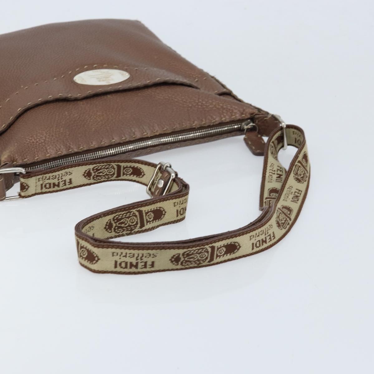 FENDI Celeria Shoulder Bag Leather Brown Silver