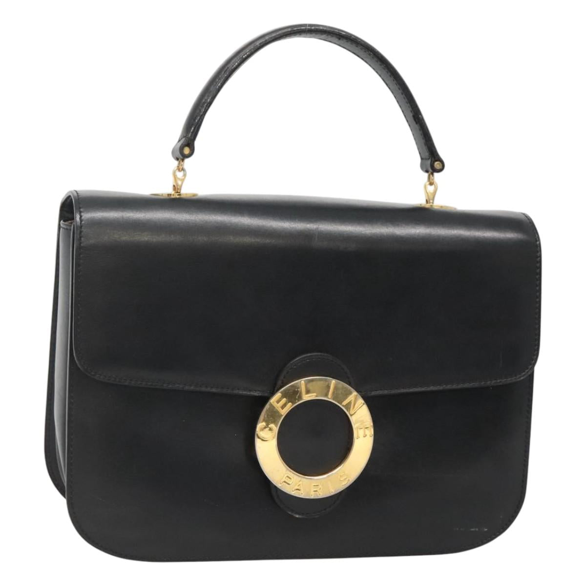 CELINE Circle Hand Bag Leather Black Gold