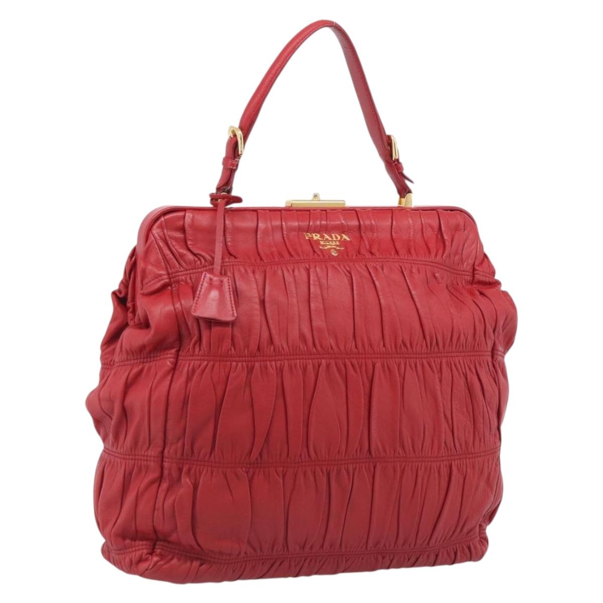 PRADA Gathered Hand Bag Leather Red Gold