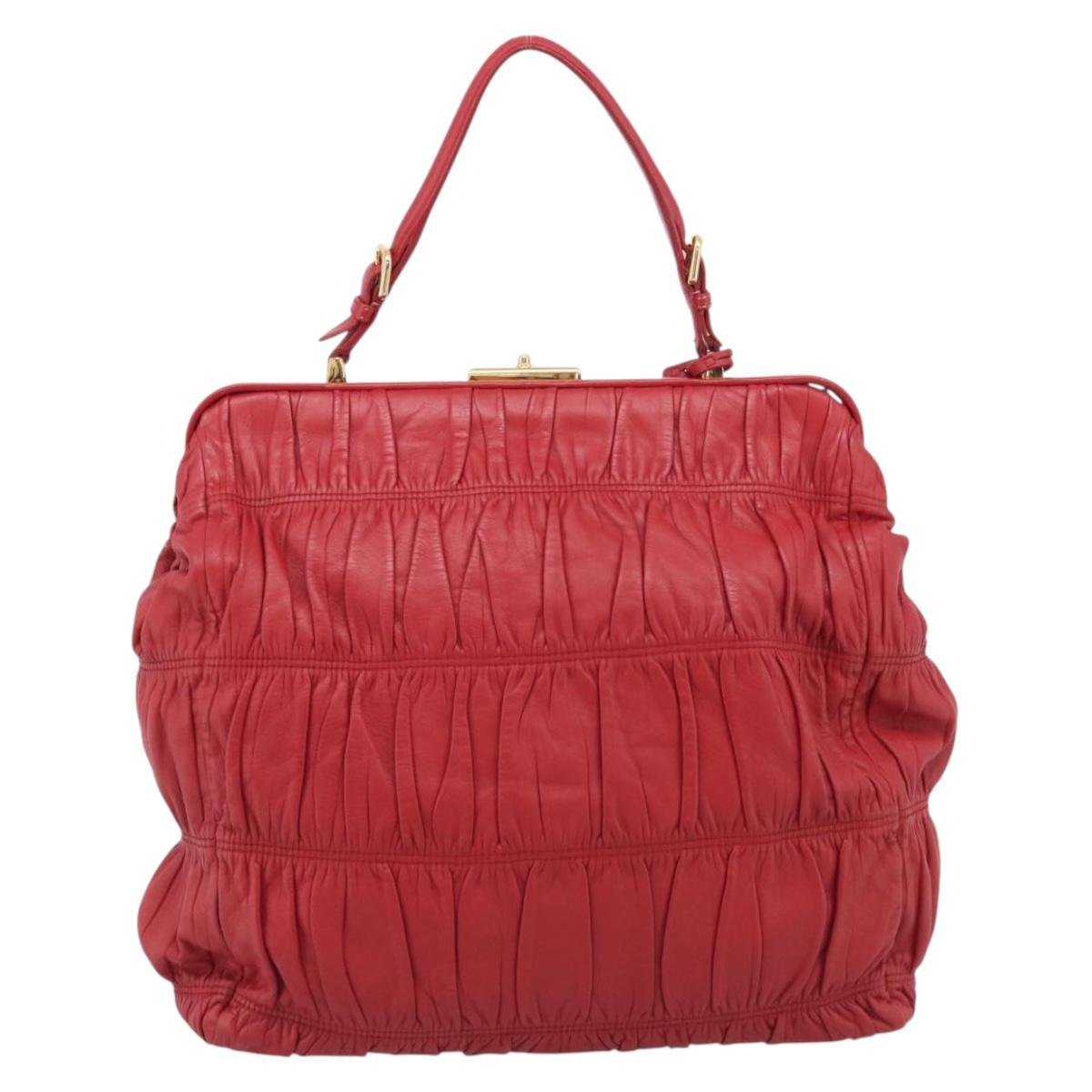 PRADA Gathered Hand Bag Leather Red Gold