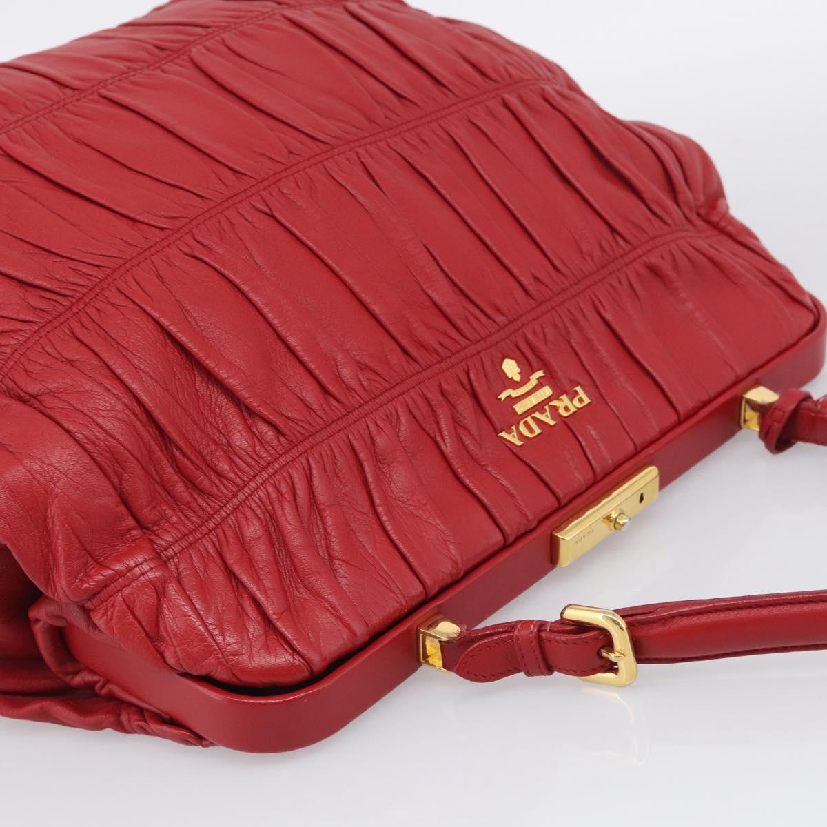 PRADA Gathered Hand Bag Leather Red Gold