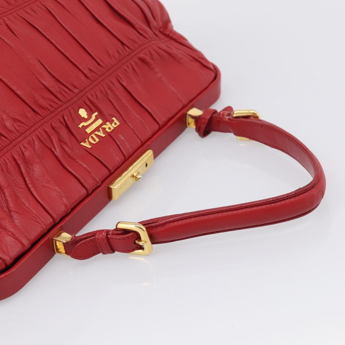 PRADA Gathered Hand Bag Leather Red Gold
