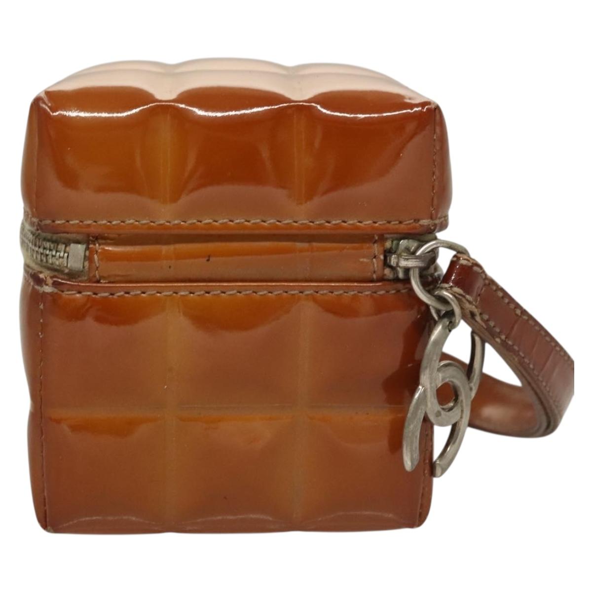 CHANEL Choco Bar Cube Pouch Patent leather Brown Silver CC