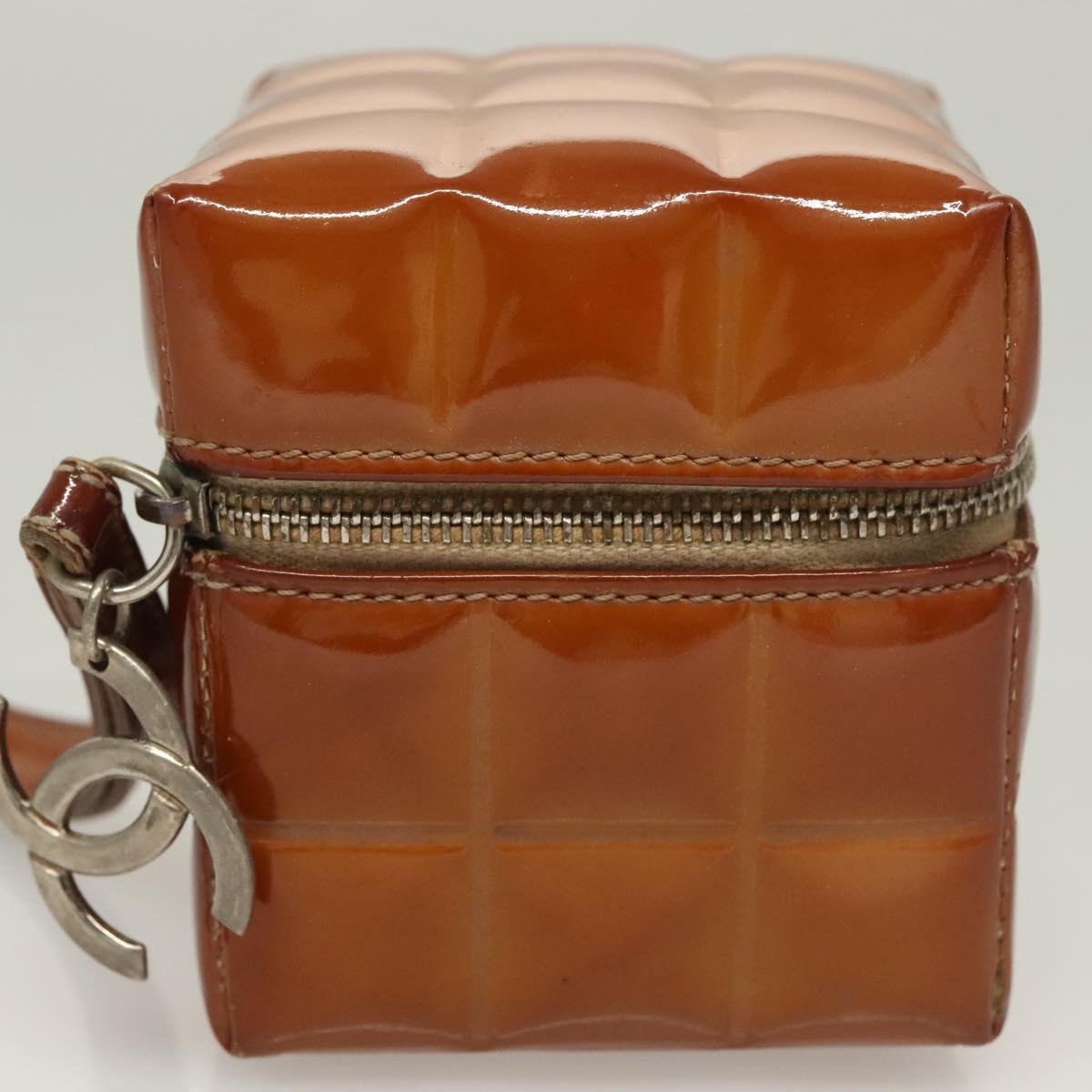 CHANEL Choco Bar Cube Pouch Patent leather Brown Silver CC