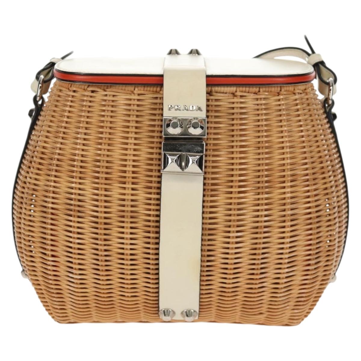 PRADA Basket Bag Wicker Leather White Beige Silver