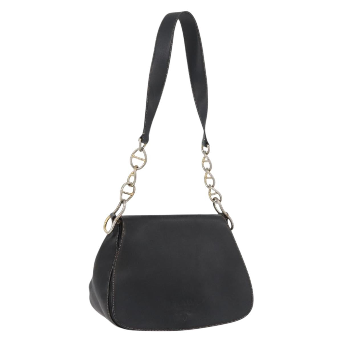 PRADA Chain Shoulder Bag Leather Black Gold