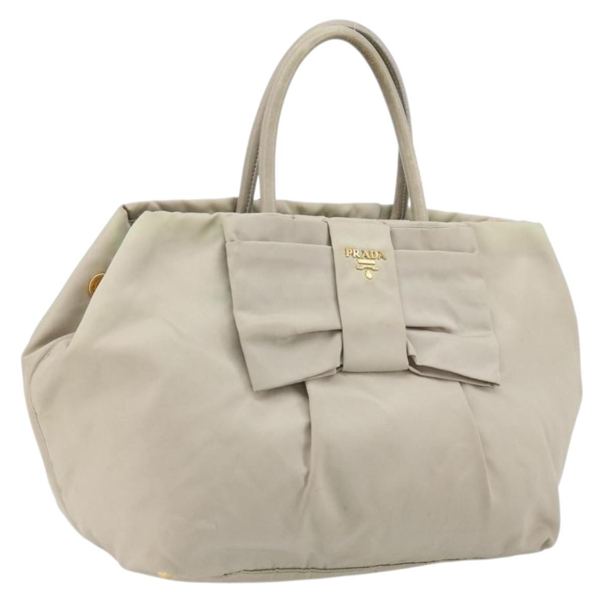 PRADA Ribbon Hand Bag Nylon Beige Gold