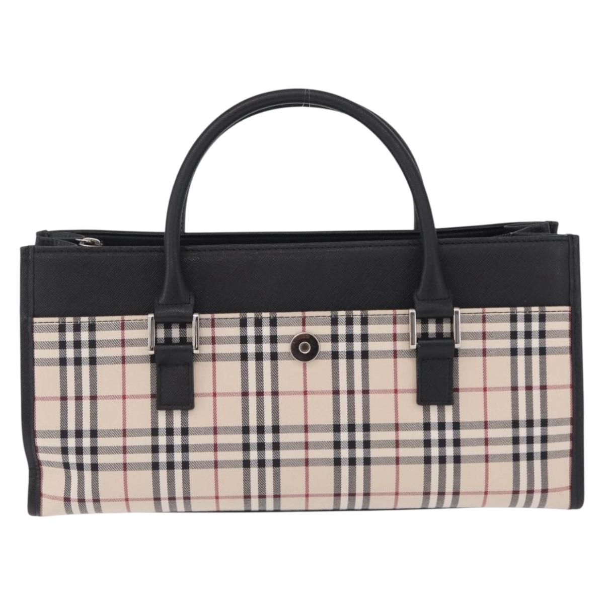 BURBERRY Nova Check Hand Bag Canvas Beige Silver