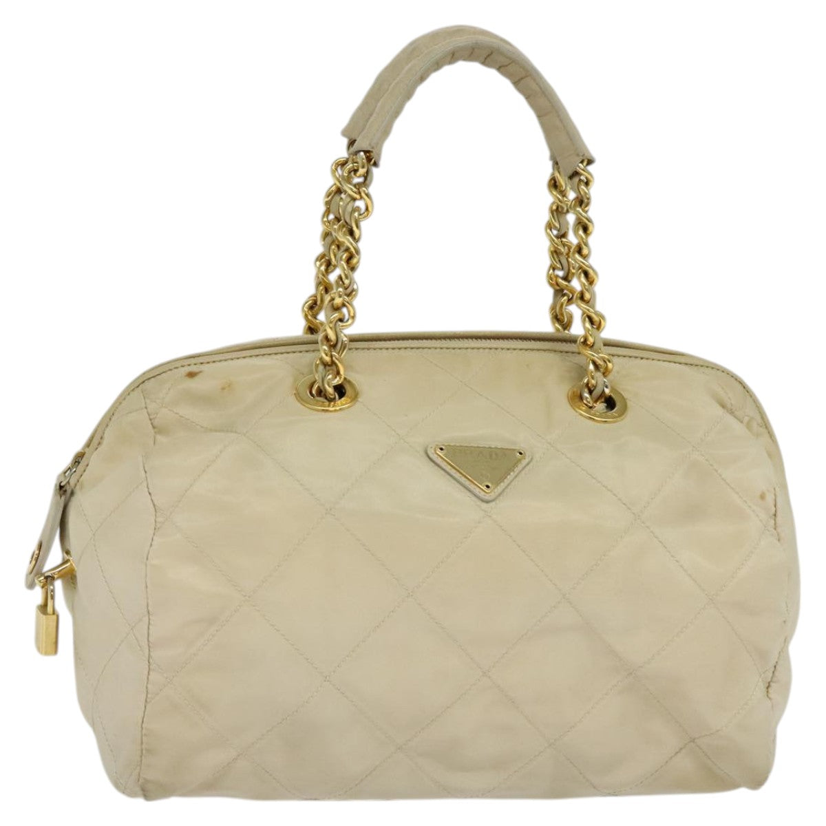 PRADA Chain Hand Bag Nylon Beige Gold