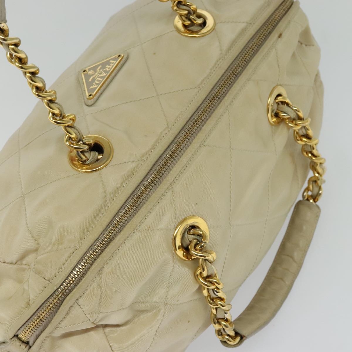 PRADA Chain Hand Bag Nylon Beige Gold